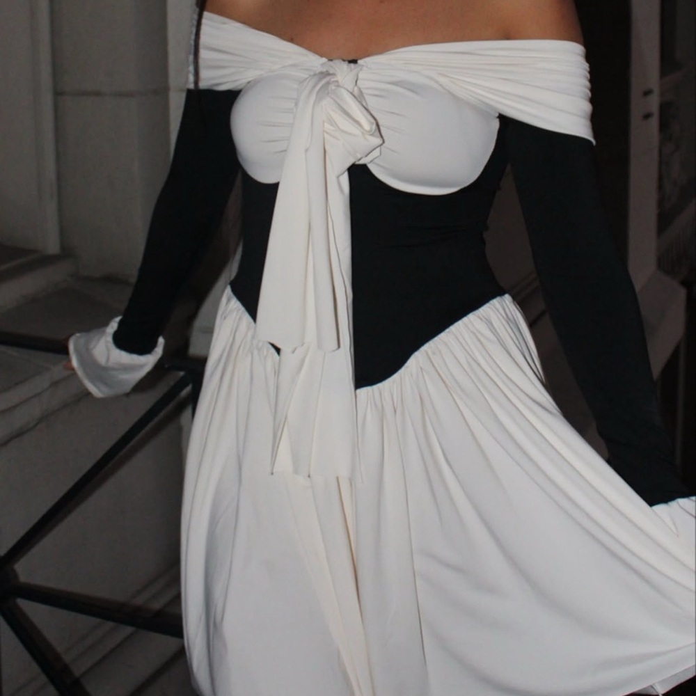 Black and White Off the Shoulder Tie Front Gown